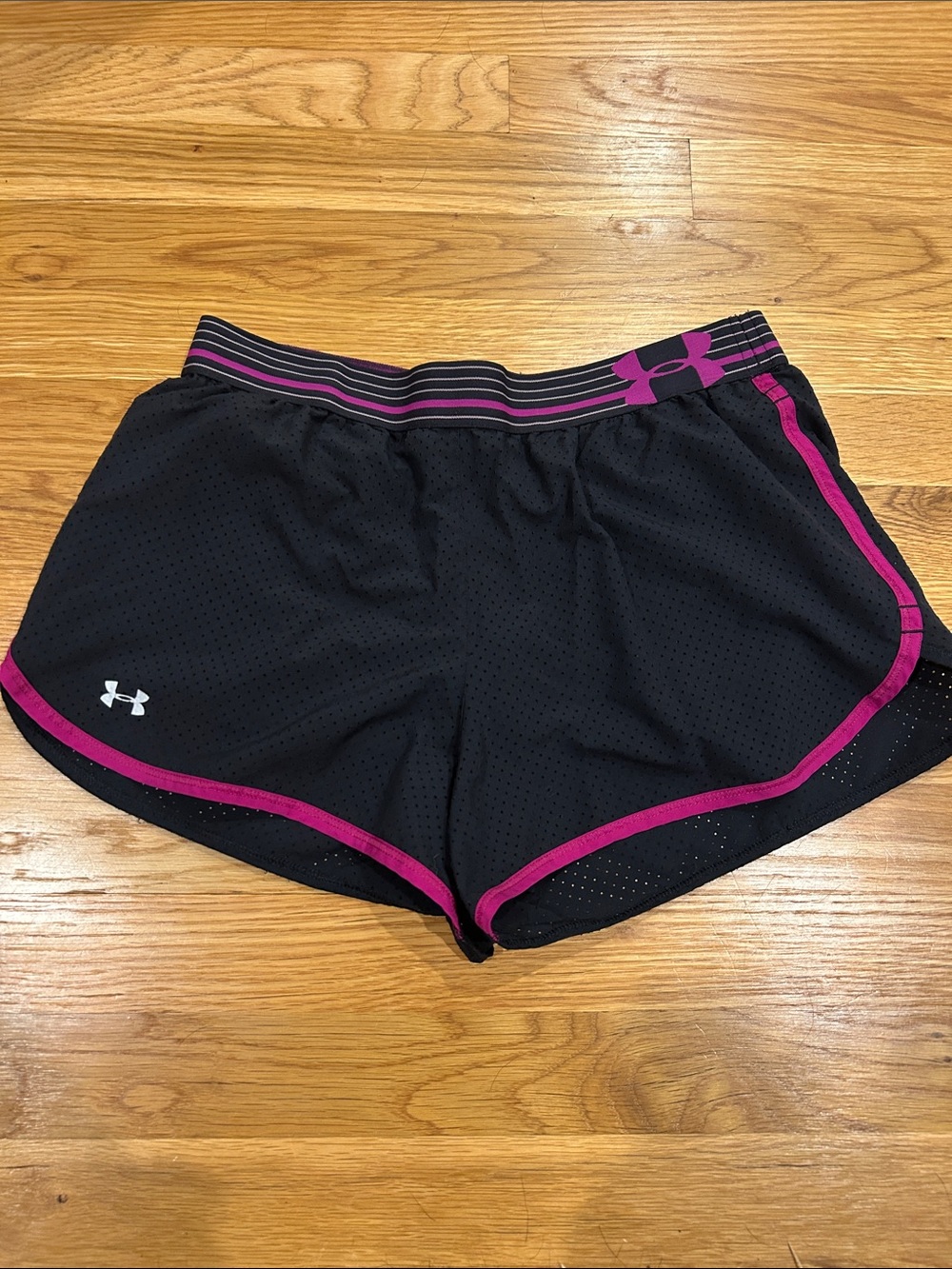 Under Armour Black Athletic Shorts with Pink Trim and Logo Waistband